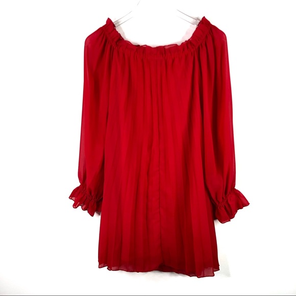 ASOS Red Pleated Trapeze Off the Shoulder Dress 6 - Picture 3 of 5